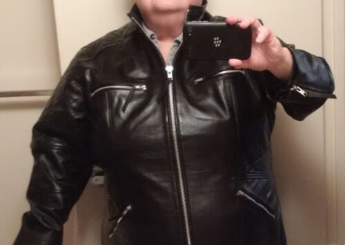 Click to view full screen Women's stylish English Tan leather jacket with quilted patches photo review