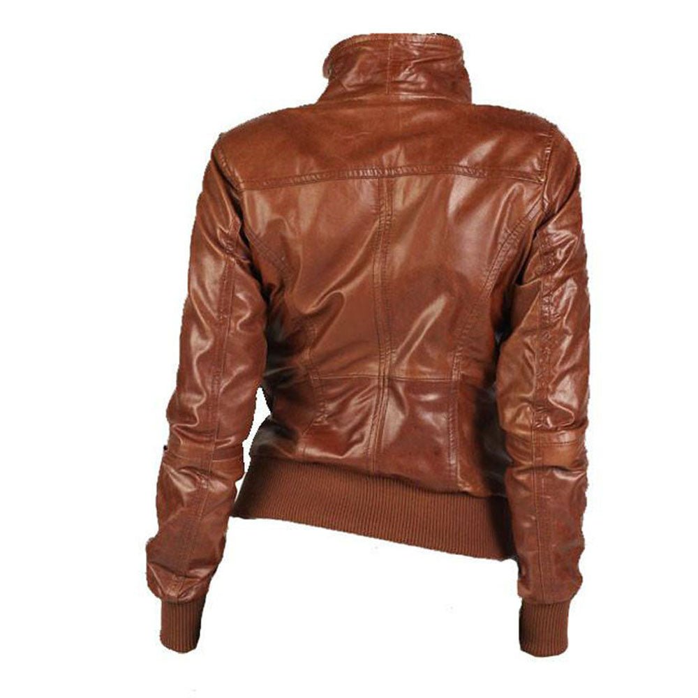 Women's zip up waxed cognac leather jacket with ribbed cuffs and hem - Image 2