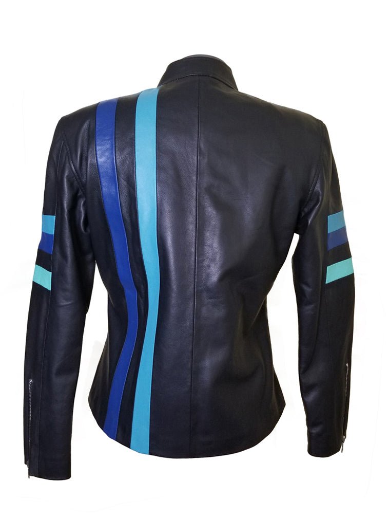 Kerri’s Moto Style Leather Jacket With Blue Stripes - Image 2