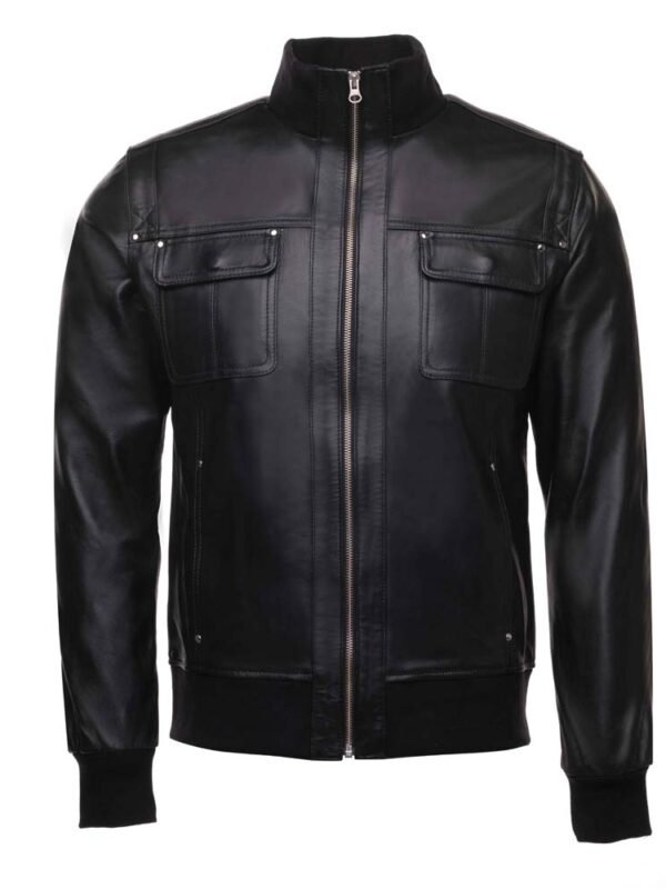 Black leather jacket with straight ribbed collar