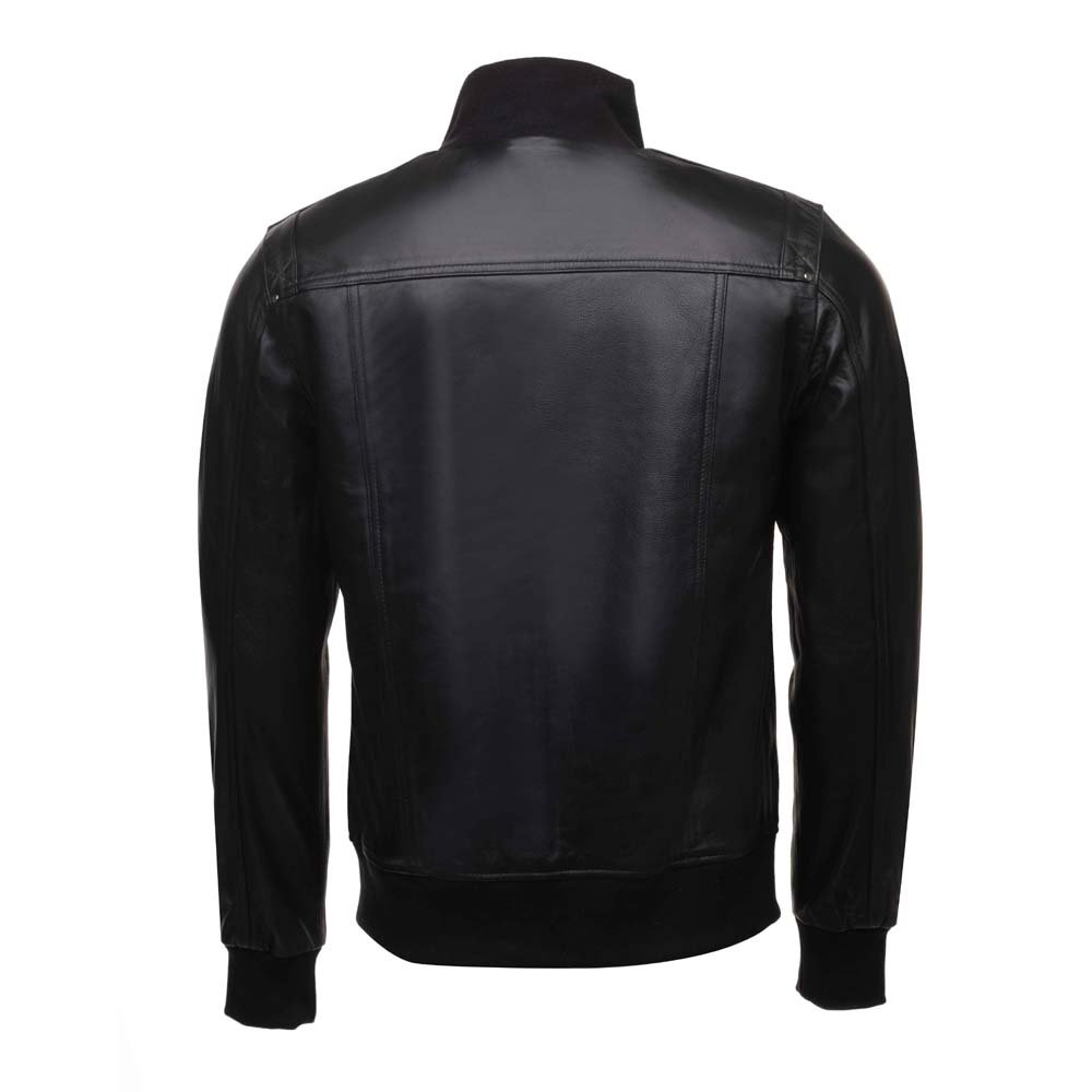 Black leather jacket with straight ribbed collar - Image 2