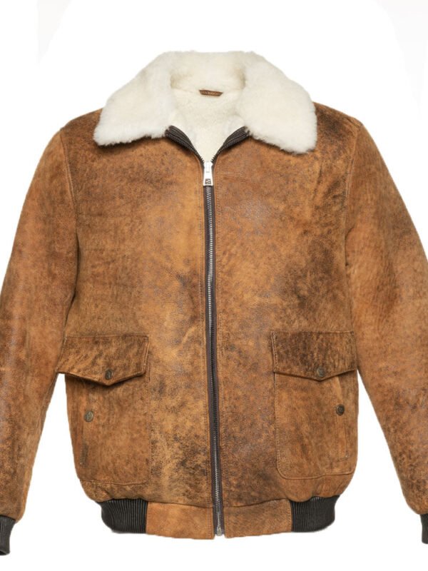 Lucian's distressed brown A2 Bomber shearling jacket