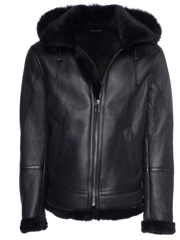 Felix black bomber shearling jacket with hoodie