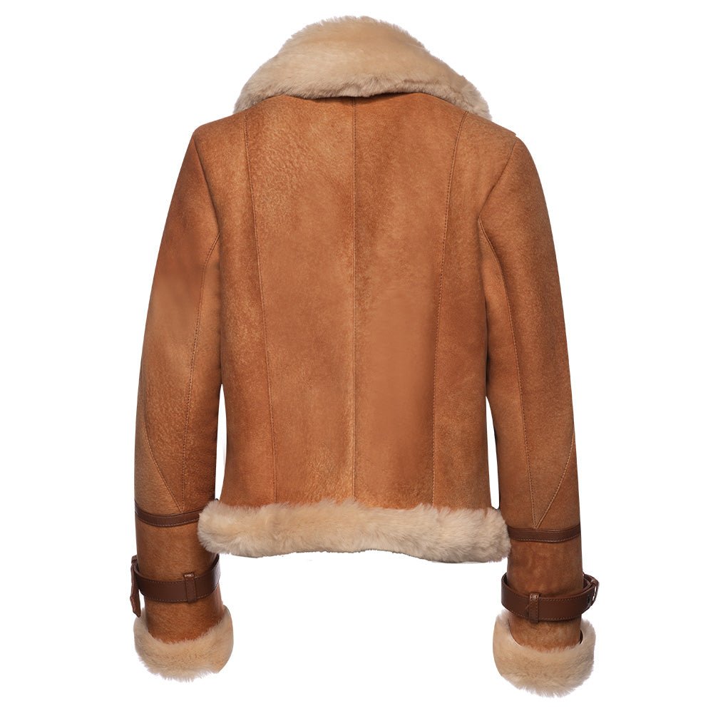 Kristy Vintage Cognac Womens Crop Shearling Bomber Jacket - Image 2