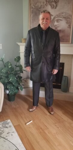 Black leather 3/4 length trench coat photo review