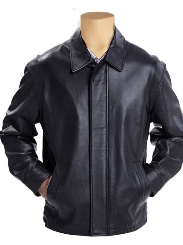 Plain black classic leather jacket with collars