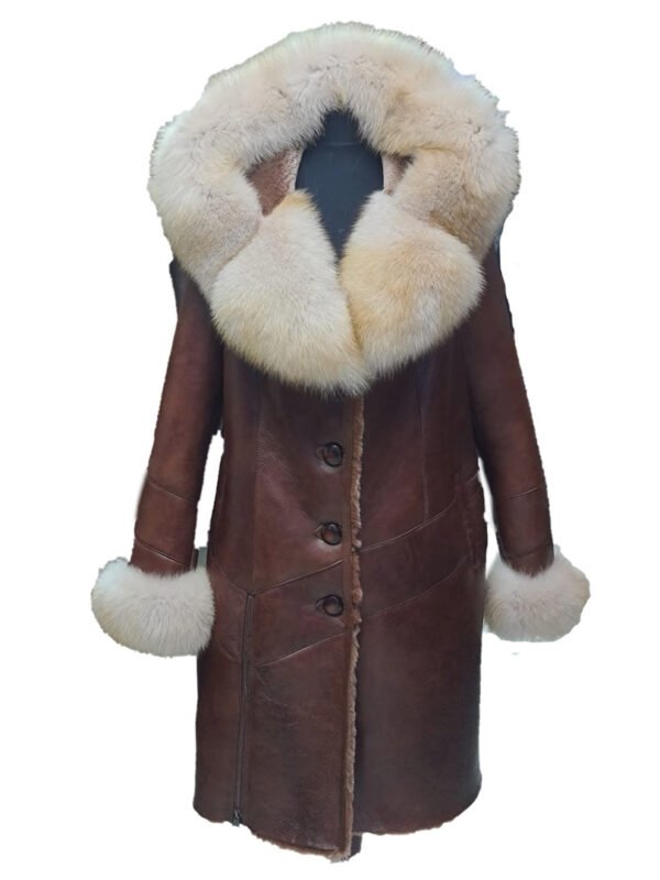 Burnett Brown Shearling coat with large fox fur hoodie and trim