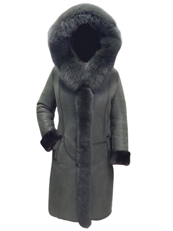 Pheobe's Grey Hooded Suede Shearling Jacket with fox fur