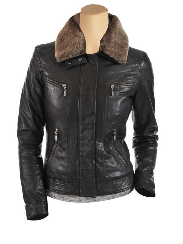 Womens Black Leather Jacket With Brown Fur Collar