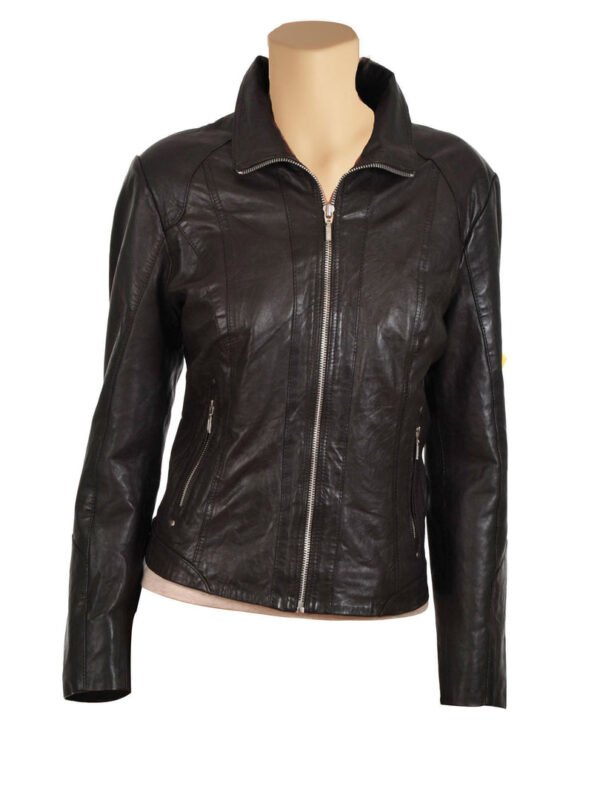 Women's classy brown leather jacket with collars