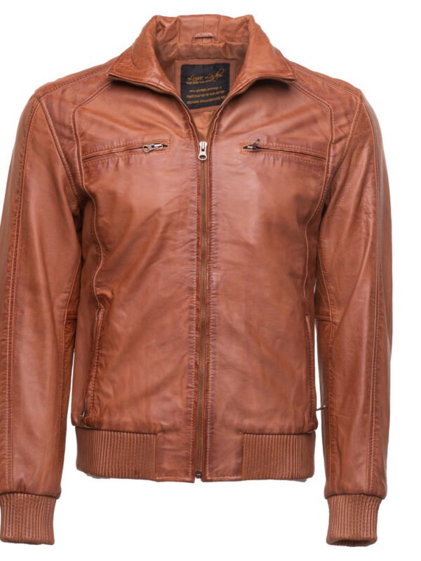 Beltrans sand washed leather jacket with stretch leather hems & cuffs