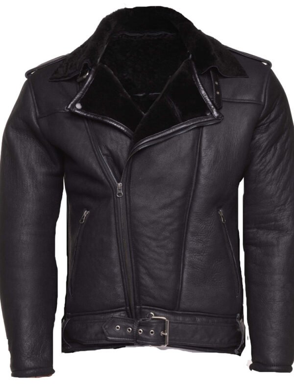 Black on Black Shearling Biker Jacket with Belt