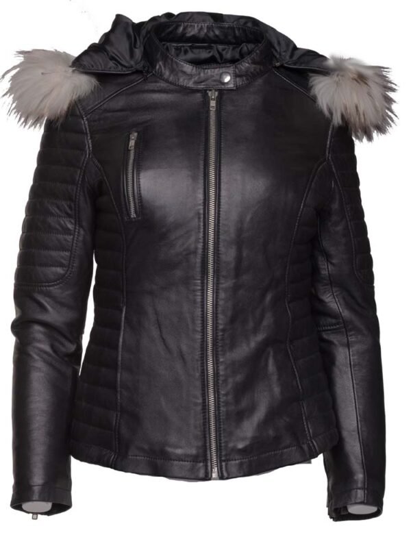 Larissa's Black Leather Jacket with Hoodie and Fur Trim