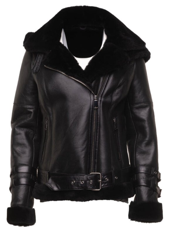 Sofie's black biker style sheepskin shearling jacket with hoodie (Copy)