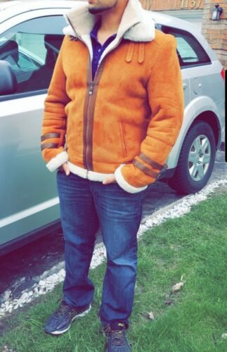 Click to view full screen Hagan's Tan Aviator bomber Suede shearling jacket photo review