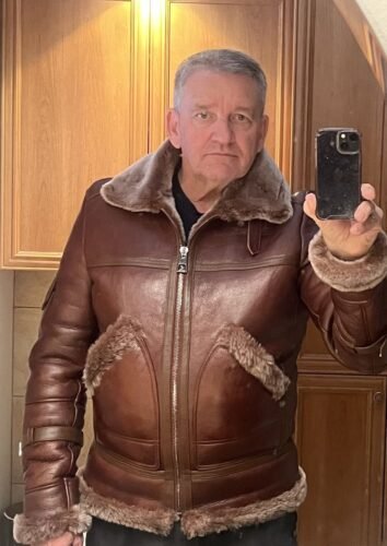 Esa Brown Bomber Sheepskin Shearling Jacket with large pockets photo review