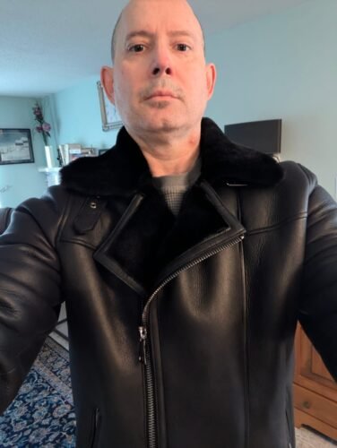 Click to view full screen Black on Black Shearling Biker Jacket with Belt photo review